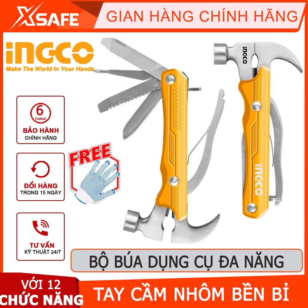 Búa đa năng INGCO HMFH0121 Bộ búa và dụng cụ đa năng 12 trong 1 gồm búa, kềm, dao, cưa, móc khóe, tua vít, giũa, lục gác