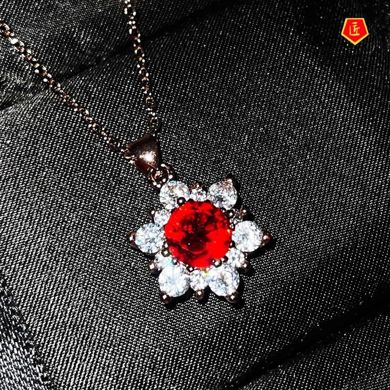 Vòng cổ Mạ Vàng Hồng 18k Mặt Hoa Hướng Dương Đính Đá Ruby