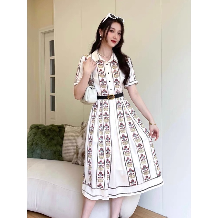 Đầm Lụa Sơ Mi Hoa Thương Hiệu Kèm Belt Sang Trọng