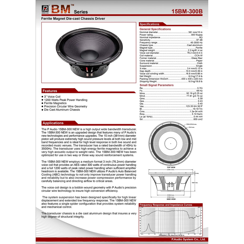 LOA RỜI PAUDIO 4 TẤC 15BM-300B (15") (1 cặp) - Hàng Chính Hãng