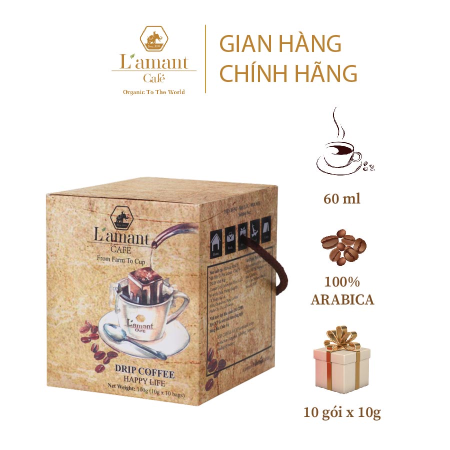 Cà phê túi lọc L'amant Drip Happy Life 100% Arabica nguyên chất (Hộp 10 gói x 10gr)