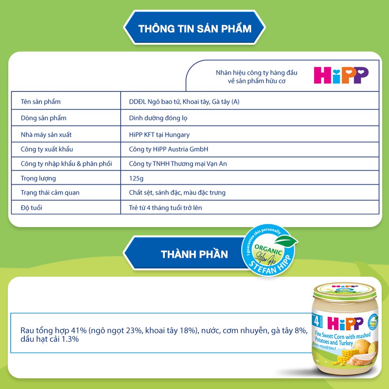 Dinh dưỡng đóng lọ ăn dặm Ngô bao tử, khoai tây, gà tây HiPP Organic 125g (An Toàn Với Trẻ Có Nguy Cơ Dị Ứng Thức Ăn)