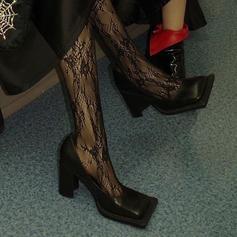 Giày cao gót mũi vuông màu đen phong cách retro 2022 thời thượng, guốc cao gót cao cấp