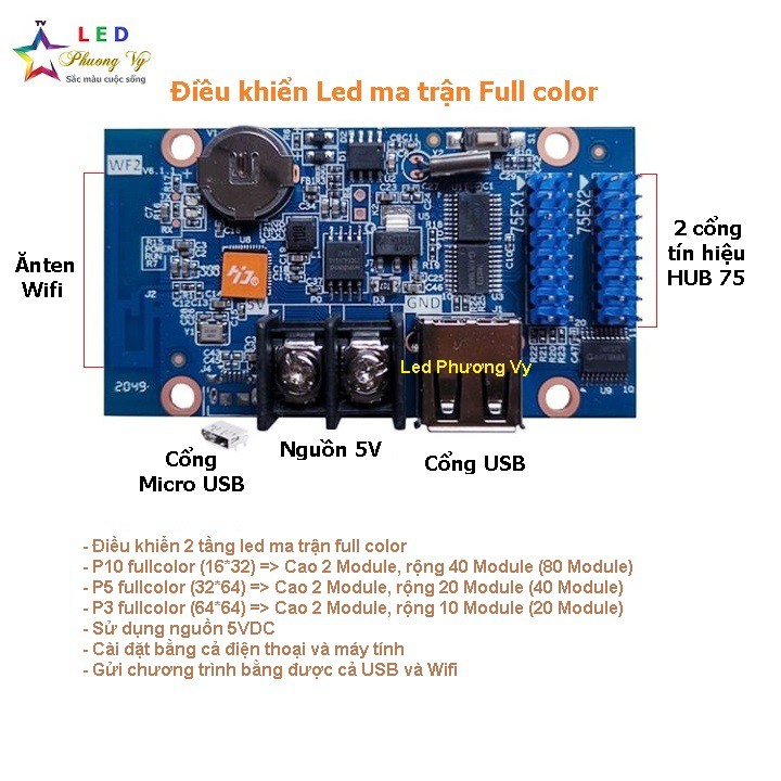 Card HD WF2 (USB, Wifi) điều khiển Led ma trận Full color - Thay thế card W60-75