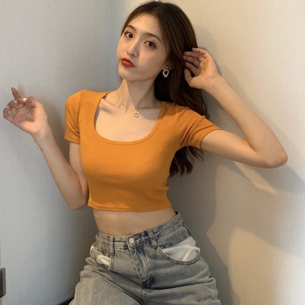 【WANG JIAO ZHAN】 Áo thun ngắn tay màu trơn thời trang phong cách Hàn Quốc mới crop top