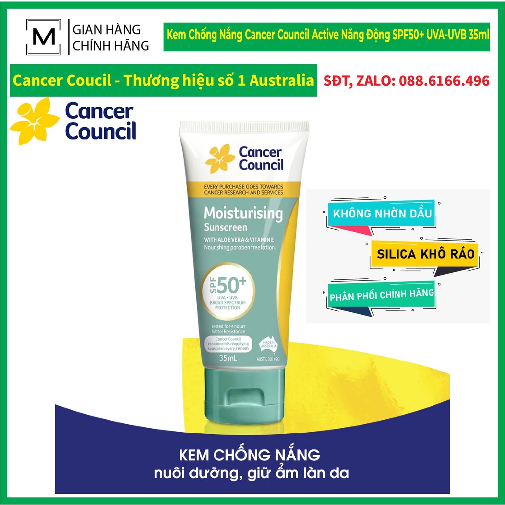 Kem Chống Nắng Cancer Council Moisturising With Aloe Vera &amp; Vitamin E Dưỡng Ẩm SPF50