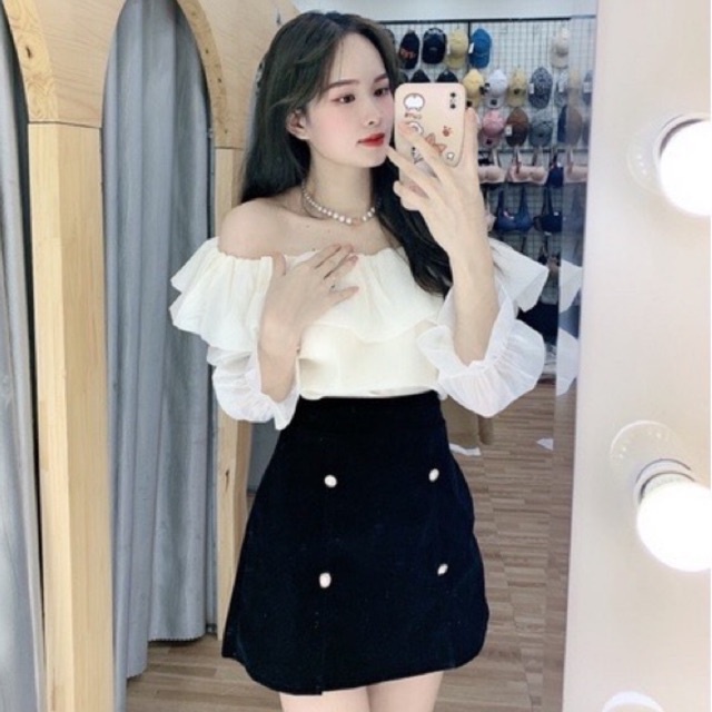 Áo sơ mi trễ vai 2 lớp tây bèo bó tạo dáng tay thon - Áo kiểu trễ vai tay dài phong cách Hàn Quốc thời trang cho nữ