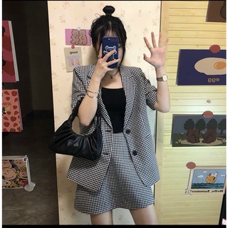 Yo set kẻ áo blazer ngắn tay phối chân váy cho nữ