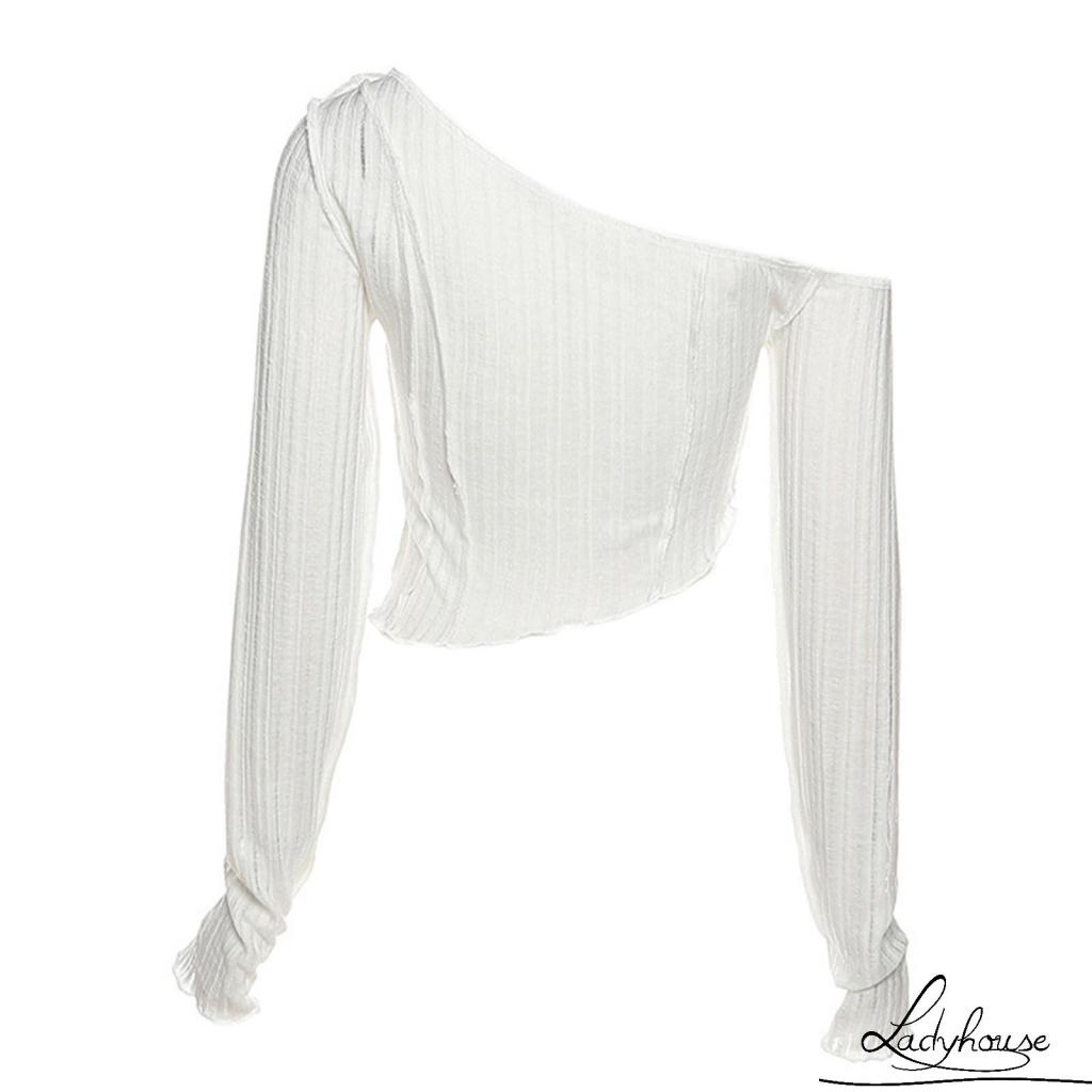 Áo Thun Tay Dài Hở Rốn Lệch Vai Màu Trơn Thời Trang Cho Nữ