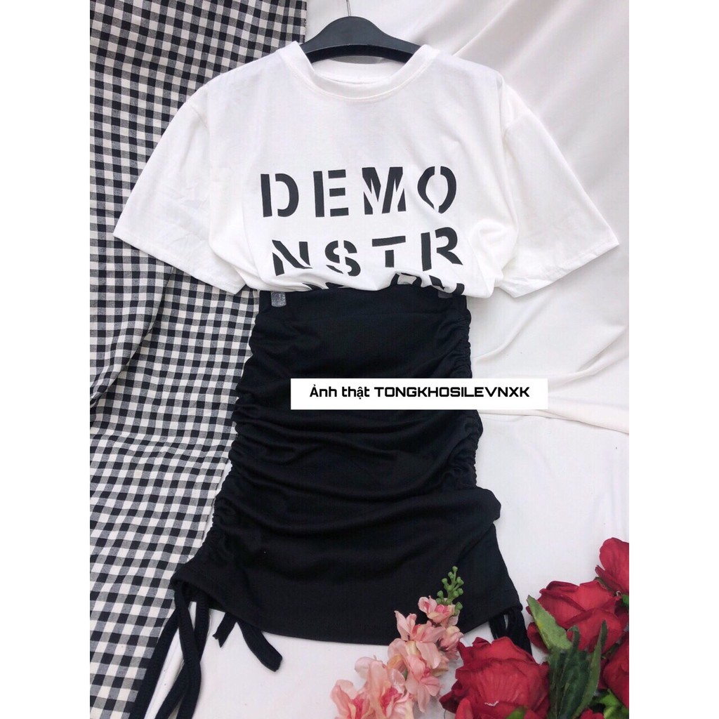 Bộ Áo Thun Chân Váy Ngắn DEMO 🦋 Set Chân Váy Rút Dây Dài Ngắn Mặc 2 Kiểu Đen Kèm Áo Phông Cộc Tay ATION In Chữ Trắng 🦋