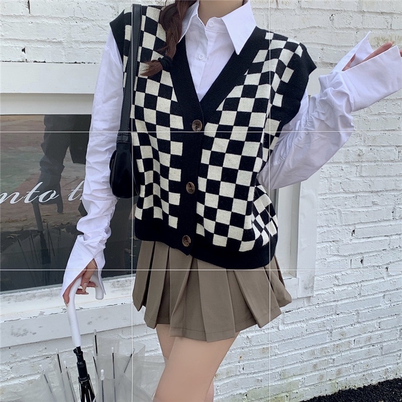 172907 |Màu Đen| Áo Len Không Tay Cổ Chữ V Họa Tiết Sọc Caro Dễ Phối Đồ