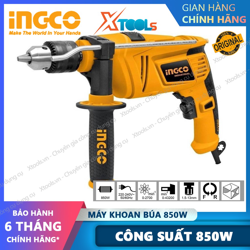 Máy khoan búa cầm tay INGCO ID8508E 850W máy khoan điện có khoan động lực, tốc độ tùy chỉnh, đảo chiều, 0-3000rpm, 13mm