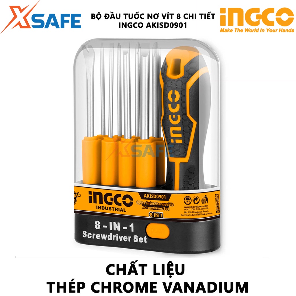 Bộ 9 tua vít đa năng INGCO AKISD0901 Bộ tuốc nơ vít thép CR-V đầu vít khỏe, cứng cáp, tay cầm có thể hoán đổi