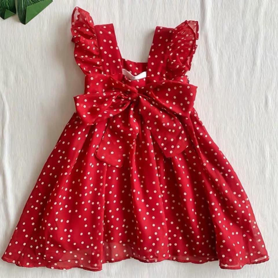 Váy chấm bi đỏ chéo vạt đuôi cá  cho mẹ và bé
