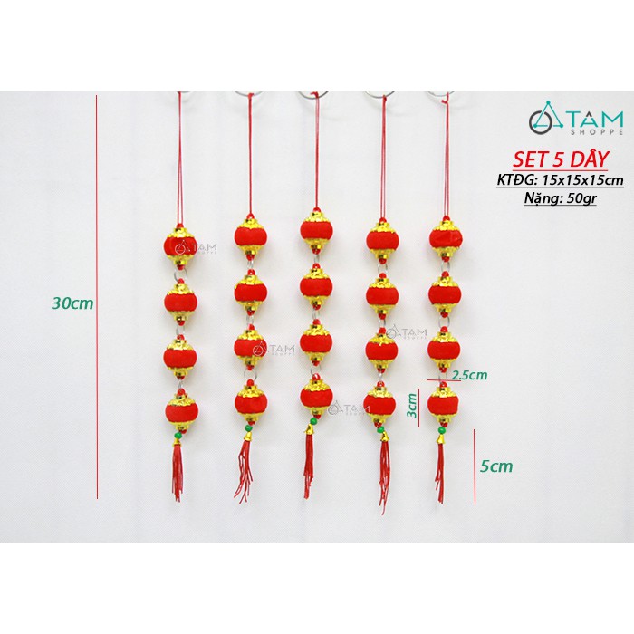 Set 5 dây 4 lồng đèn tròn nhung đỏ treo cây mai đào T-PKTMD-66