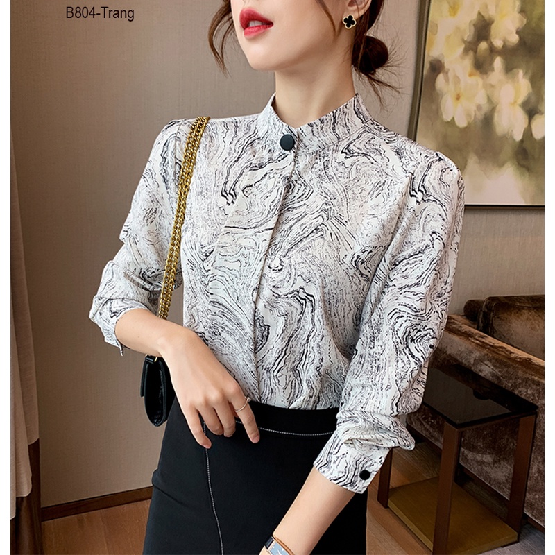 (XẢ HÀNG LẺ SIZE) Áo sơ mi công sở nữ kiểu cổ trụ hoạ tiết tay dài -b804 | BigBuy360 - bigbuy360.vn