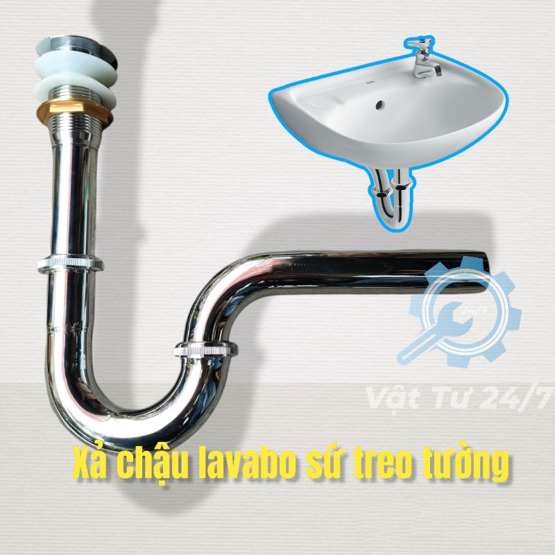 Xả chậu lavabo sứ treo tường xi phông lavabo rửa mặt thoát nước chữ P loại ống xả nhấn chất liệu thau bóng