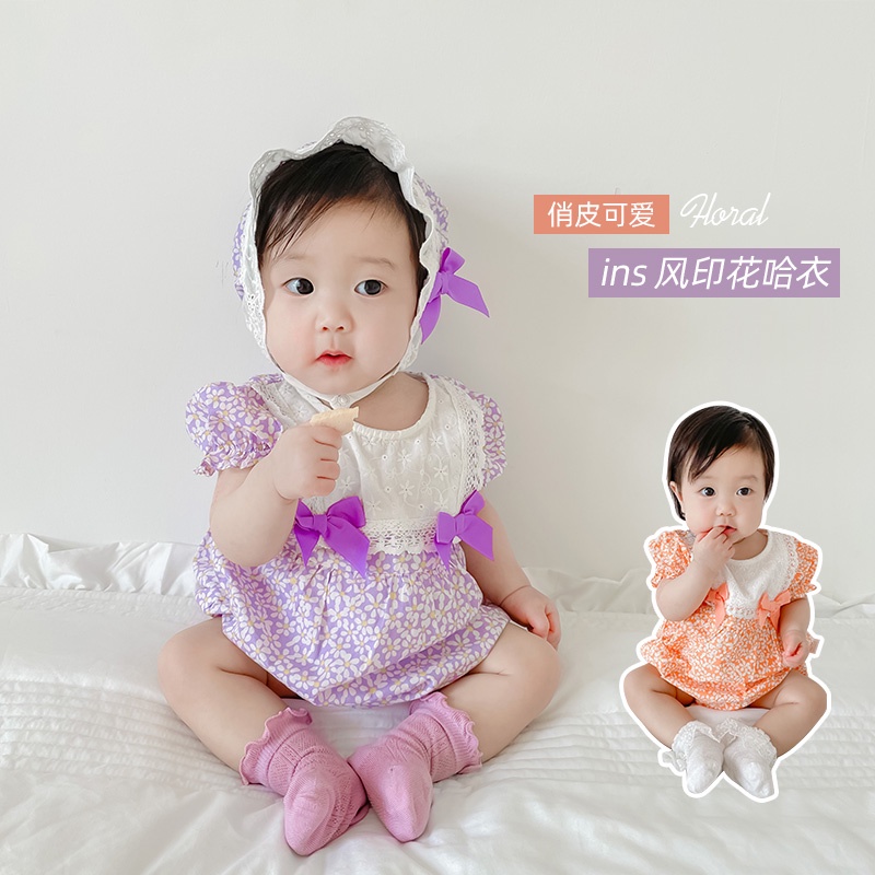 Bộ Áo Liền Quần Công Chúa Phối Ren Hoa Kèm Nón Thời Trang Mùa Hè Cho Bé Gái Sơ Sinh