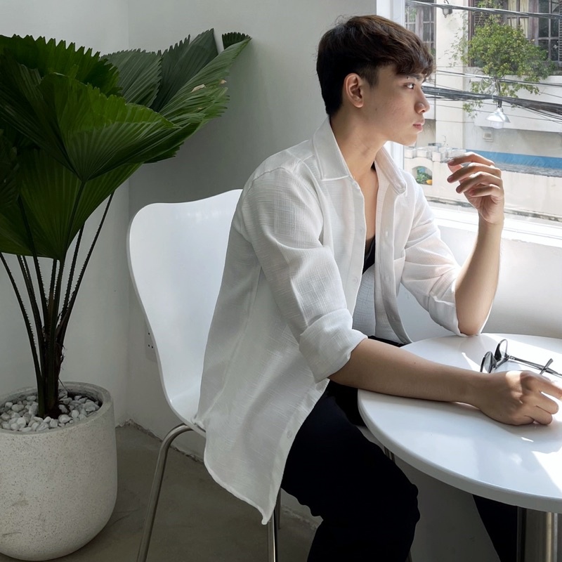 Áo Sơ Mi Nam Basic Unisex Vải Linen Xước Trắng/Đen Phong Cách Hàn Quốc Mr Smile 99 Shop