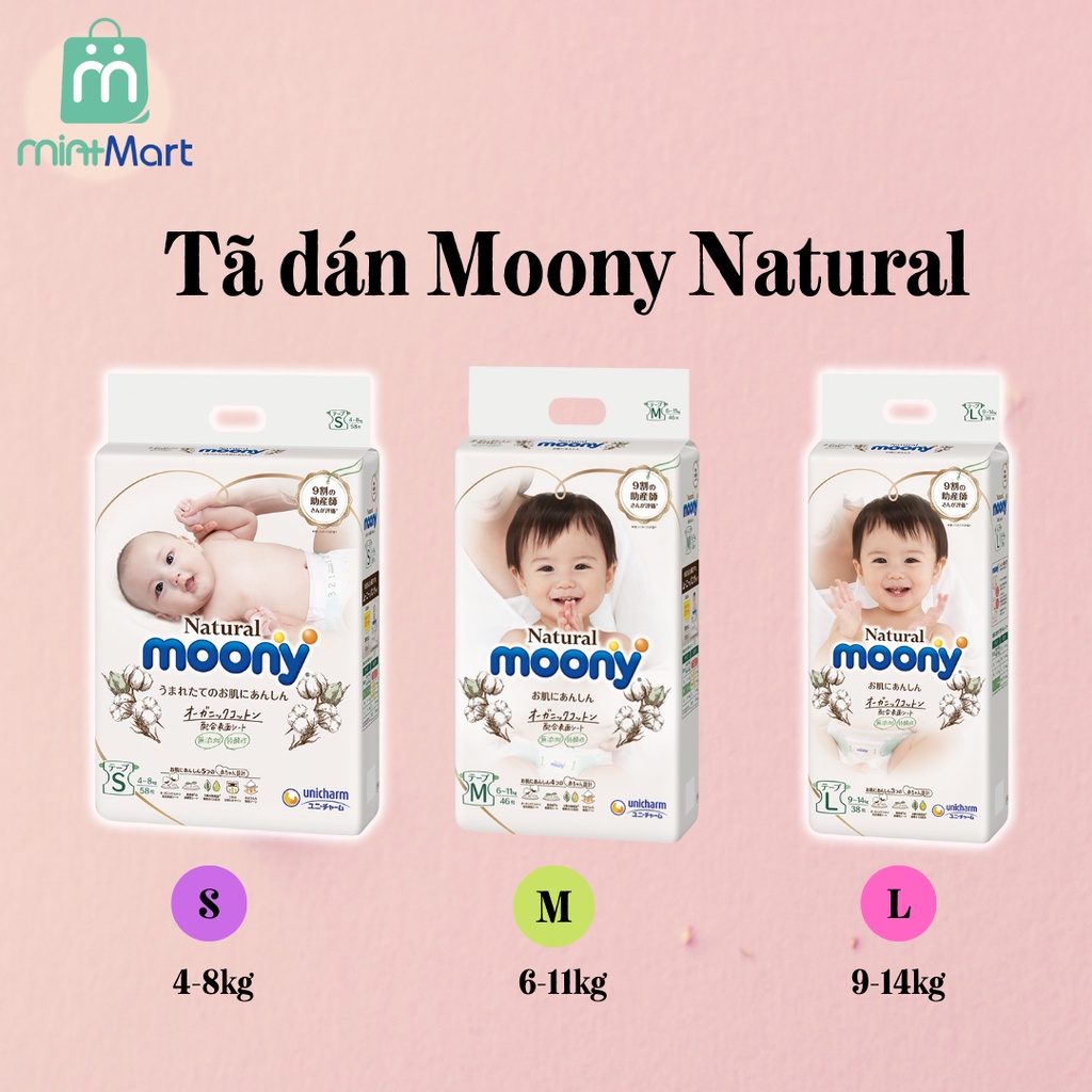 [Chính Hãng] Bỉm MOONY Natural trắng nội địa Nhật dán/quần đủ size NB63/S58/M46/L38/L36/XL32