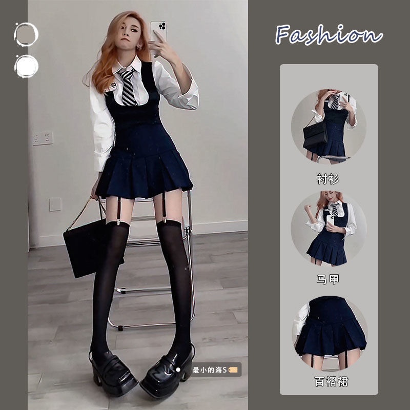 FXDAZI Bộ Đồ Ba Món Gồm Áo Khoác Không Tay + Chân Váy Xếp Ly Phong Cách Phương Tây Thời Trang Xuân Thu Cho Nữ