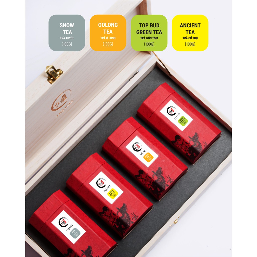 Hộp Quà Tứ Quý Gỗ Trà Việt  - Quà Tặng Trà Cao Cấp - Trà Ô Long, Trà Cổ Thụ, Trà Nõn Tôm, Trà Tuyết