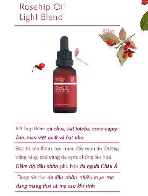 Tinh Dầu Tầm Xuân Hữu Cơ Trilogy Certified Organic Rosehip Oil / Antioxidant / Light Blend 20ml 30ml 45ml