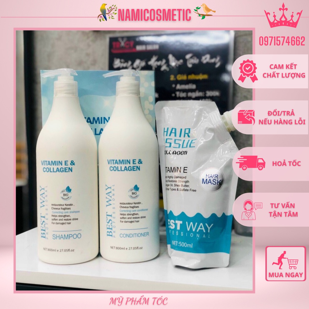 Cặp Gội Xa BEST WAY Vitamin E &amp; Collagen 800Ml Nuôi Dưỡng VÀ Phục Hồi Tóc Siêu Mượt Hàng Chính Hãng NAMI