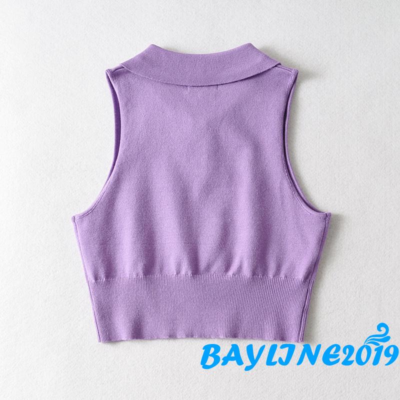 Áo Croptop Dệt Kim Sát Nách Cổ Bẻ Màu Trơn Thời Trang Mùa Hè Cho Nữ