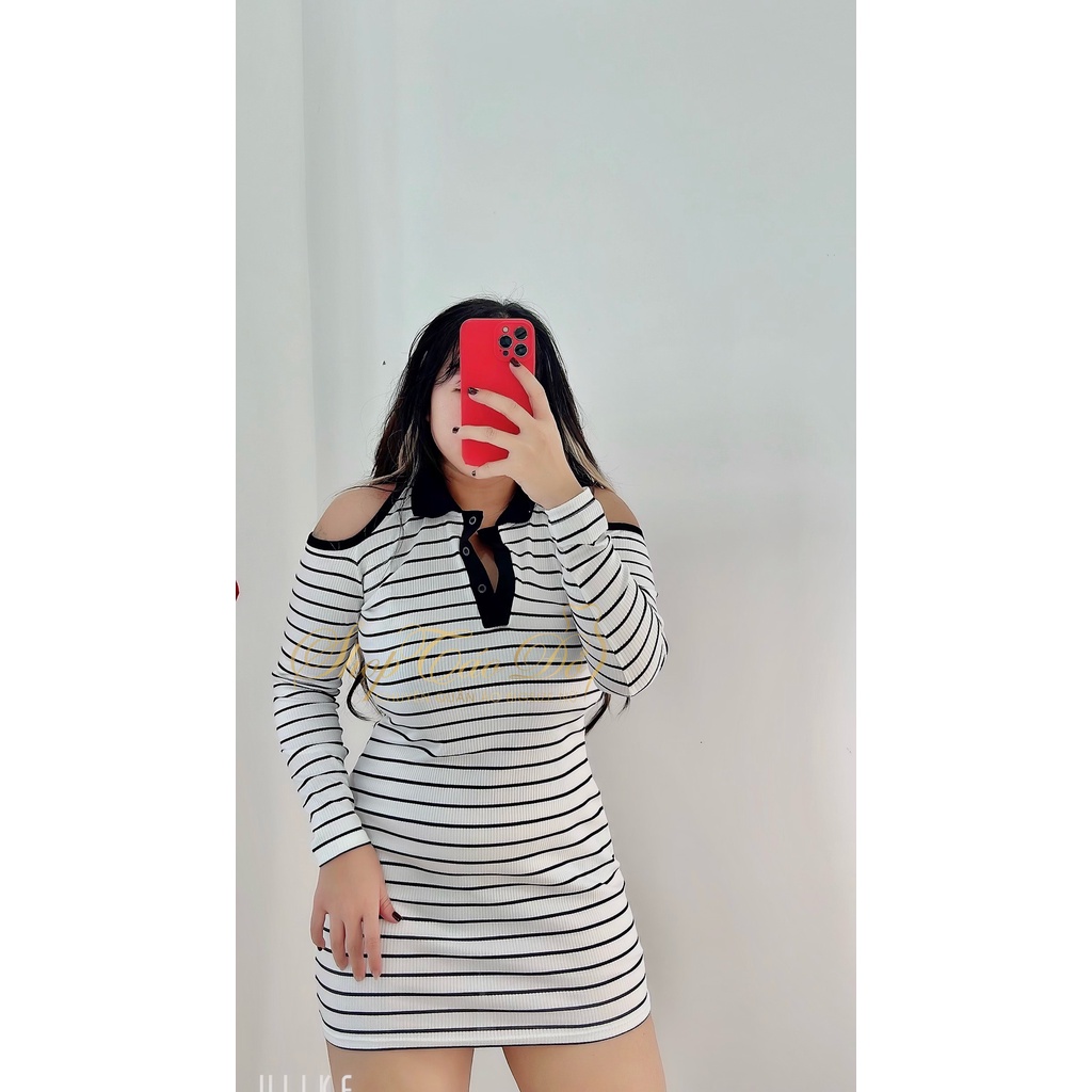 (TÁO ĐỎ BIGSIZE 55-90KG) Đầm Sọc Khoét Vai Ôm Body Sexy Sang Chảnh D25 ( ảnh thật shop chụp 100%) 🍎🍎🍎 | BigBuy360 - bigbuy360.vn