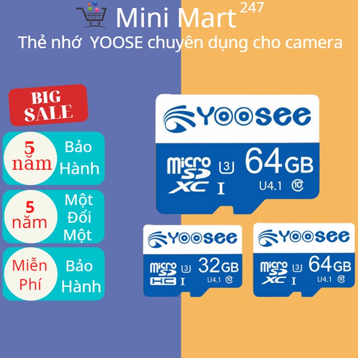 Thẻ nhớ 64GB 32GB YOOSEE Class 10, Thẻ nhớ Yoosee camera IP wifi, Điện thoại, loa đài - Bảo hành 5 n