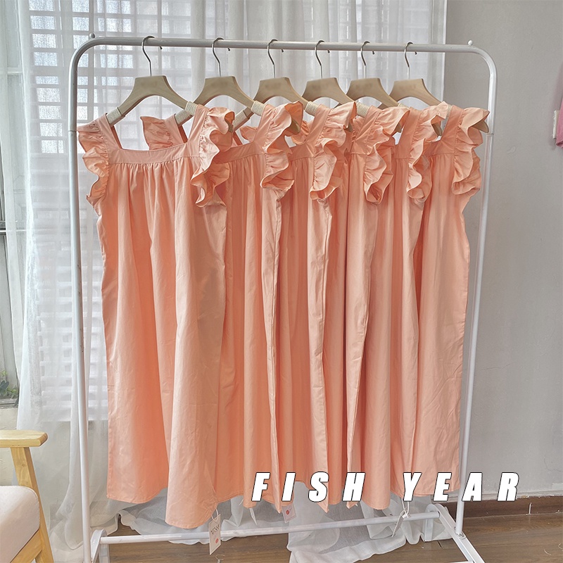 (ORDER) Váy hai dây tay phối bèo màu cam nhạt suông dài mùa hè điệu đà đáng yêu (Hàng mới )