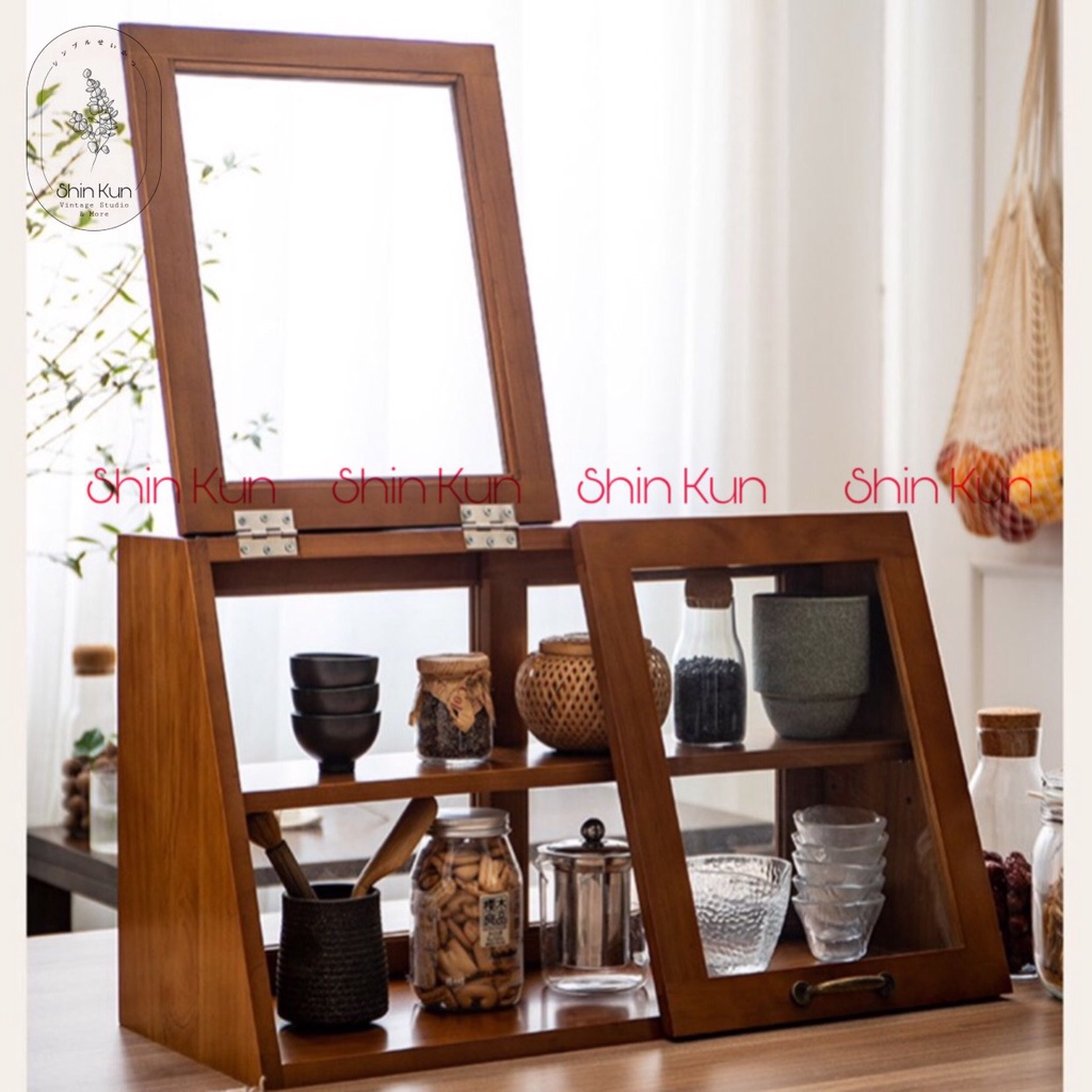 Tủ Gỗ Để Bàn Kính 2 Mặt Đựng Bánh Cà Phê Chén Bát Ly Cốc Phong Cách Retro SS12