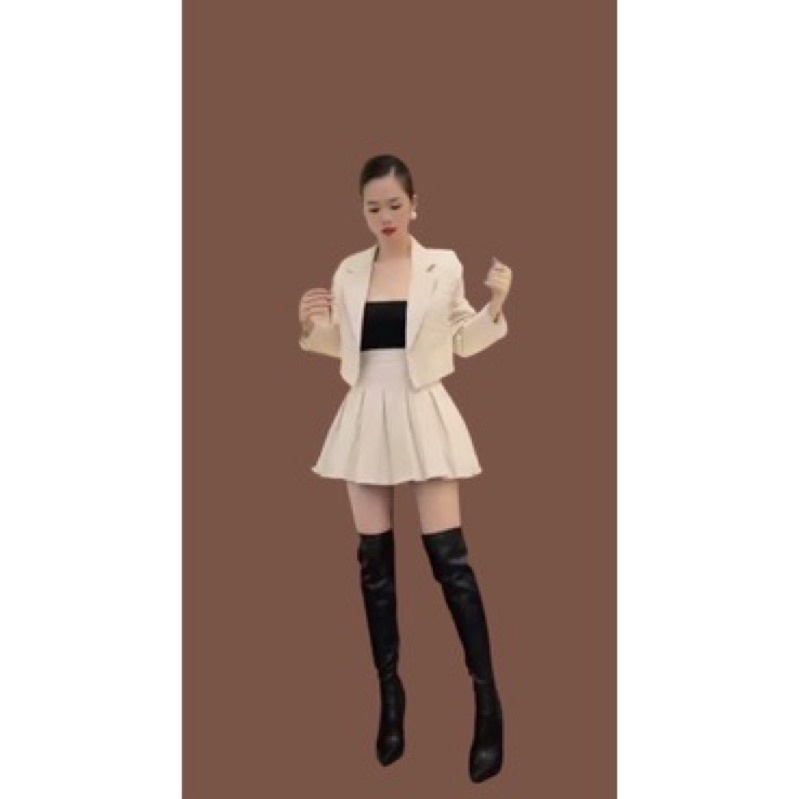 Set áo cổ vest croptop + chân váy cao cấp siu xinh sang
