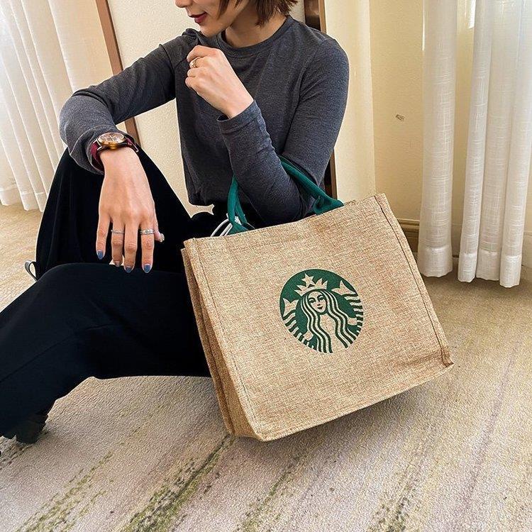 Túi Đựng Mỹ Phẩm Bằng Vải Canvas Cỡ Lớn In Logo Starbucks Tiện Dụng Mang Theo Du Lịch