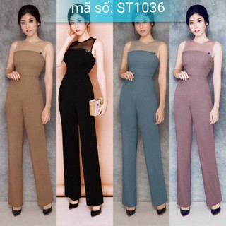 Jumsuit đồ bay dài ống suông phối lưới đính tag xinh xắn