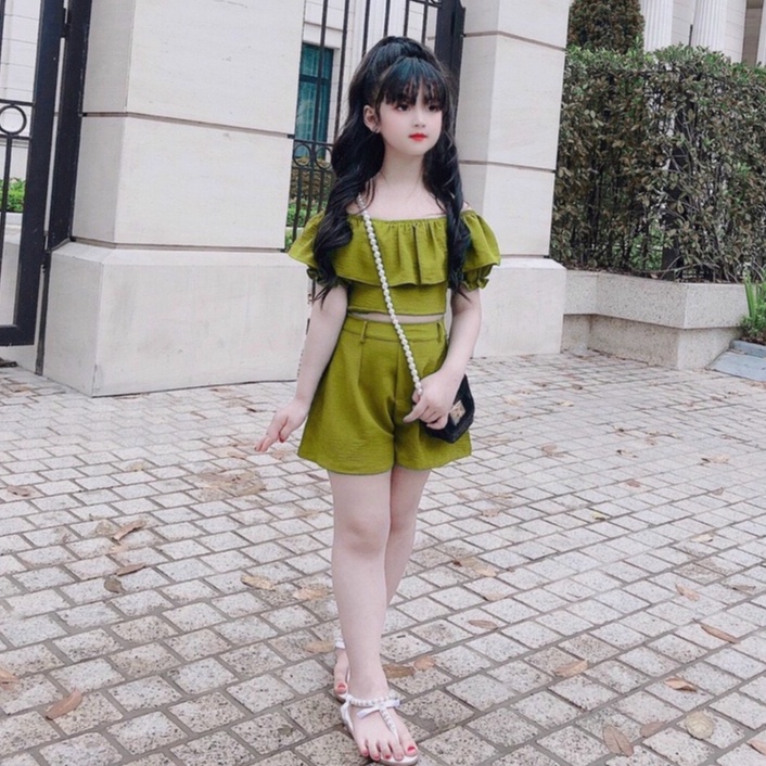 Bộ trễ vai mùa hè bé gái, bộ áo trễ vai bèo croptop chất đũi nhẹ tênh cho bé