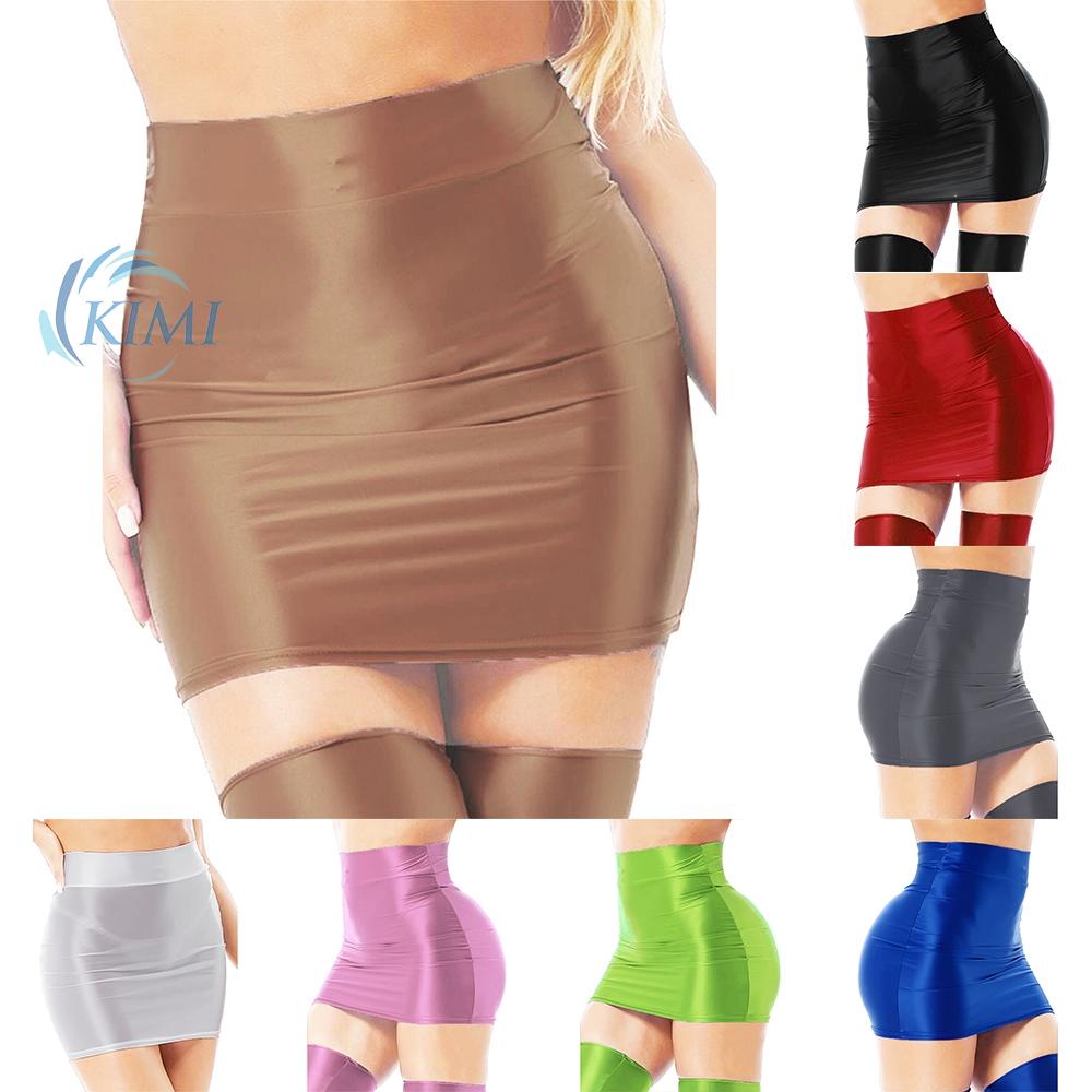 KIMI-Sexy Women\'s Oil Glossy Solid Pencil Bodycon Skirt High Waist Miniskirt Clubwear