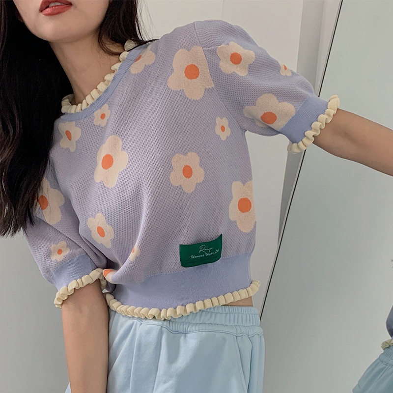 Áo thun nữ IHKKE tay ngắn in hoa thời trang Hàn Quốc