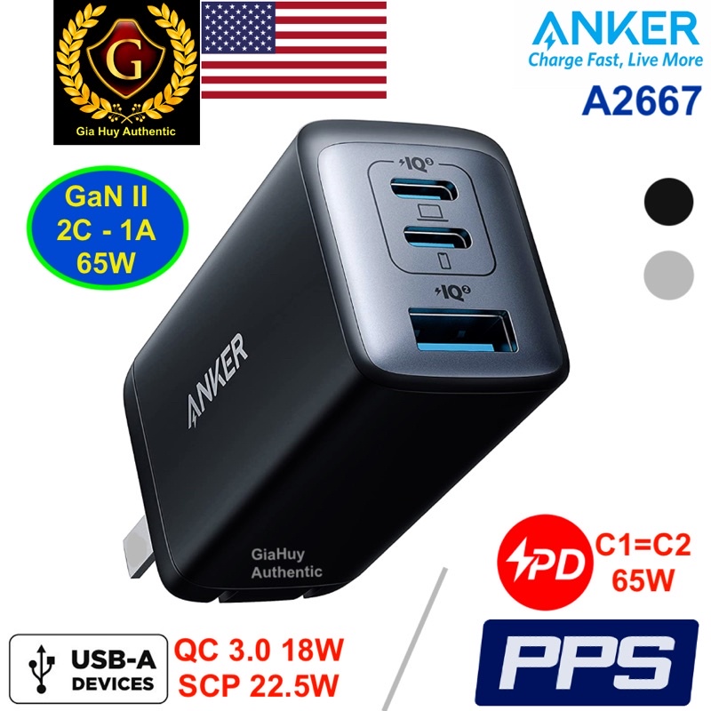 Củ sạc nhanh táo Pro,IP13,Note 10+,Note 20 Ultra,S20 Ultra,S21,P30 ANKER A2667 PowerPort III Gan II 65W PD/ PPS 2C1A