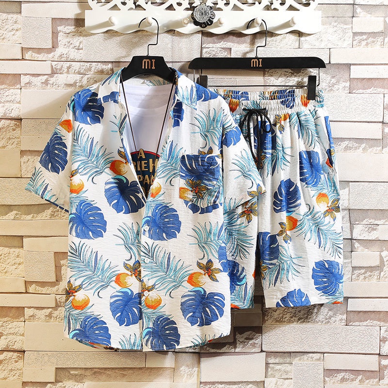 Set áo sơ mi ngắn tay + quần short đi biển in họa tiết hoa khô nhanh thời trang mùa hè cho nam