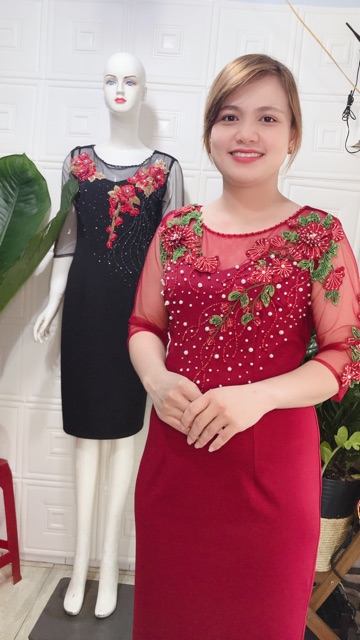 Đầm trung niên nữ phối hoa sang trọng, dự tiếc, thiết kế cao cấp