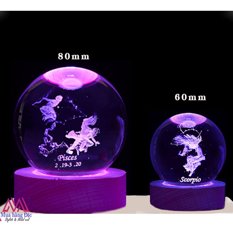 Quả cầu pha lê 12 cung hoàng đạo 6CM khắc 3d Larser