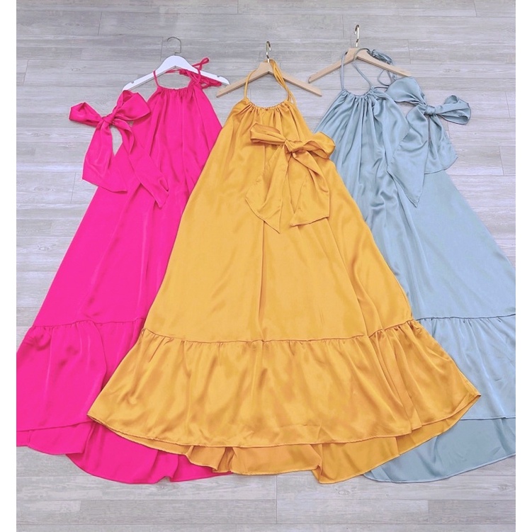 VN696 - VÁY MAXI LỤA CỔ YẾM BUỘC MIX DÂY TÓC