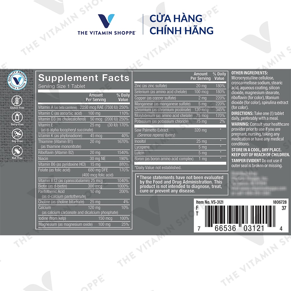 Viên uống vitamin tổng hợp cho nam trên 50 tuổi THE VITAMIN SHOPPE One Daily Men’s 50+ 60 viên