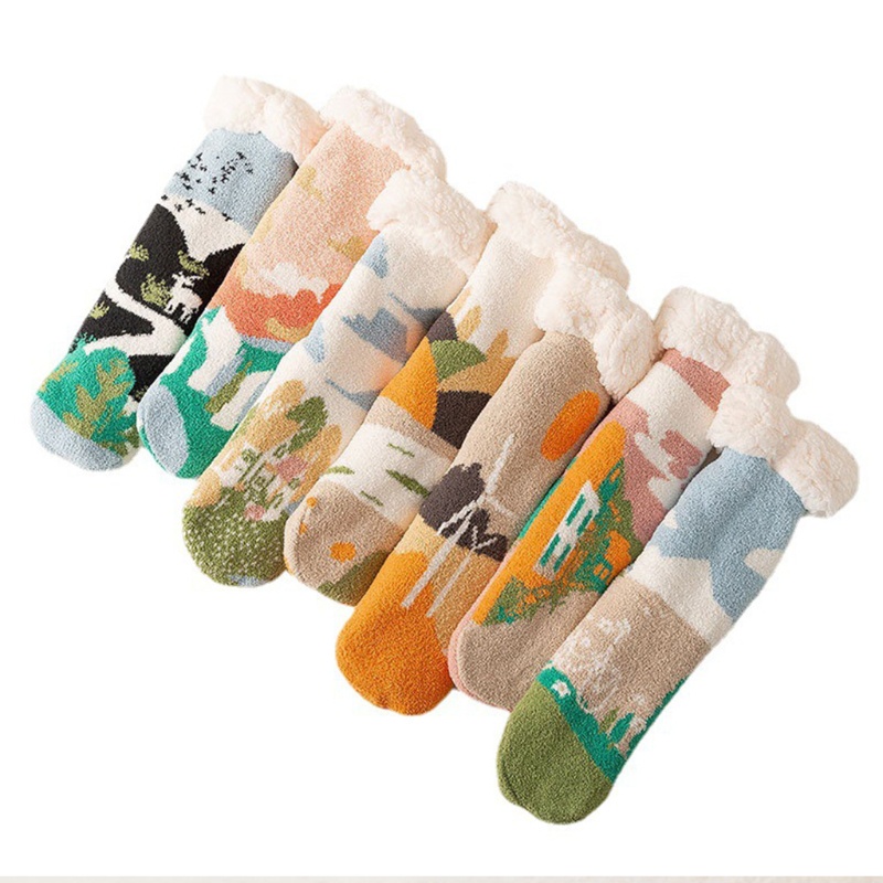 Youyo Vớ Lông Cừu Giả Dày In Hình Phong Cảnh Làng Quê Đầy Màu Sắc Mới Lạ Giữ Nhiệt Mùa Đông Cho Nữ Có Sẵn