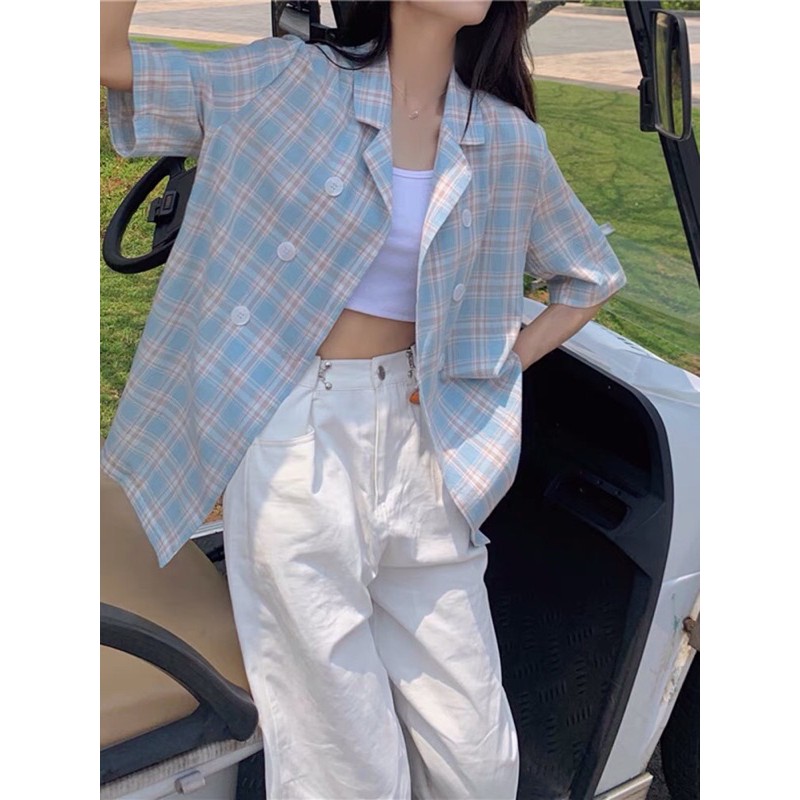 [ODER ]Áo Blazer ngắn tay kẻ caro phong cách thời trang ulzzang | BigBuy360 - bigbuy360.vn