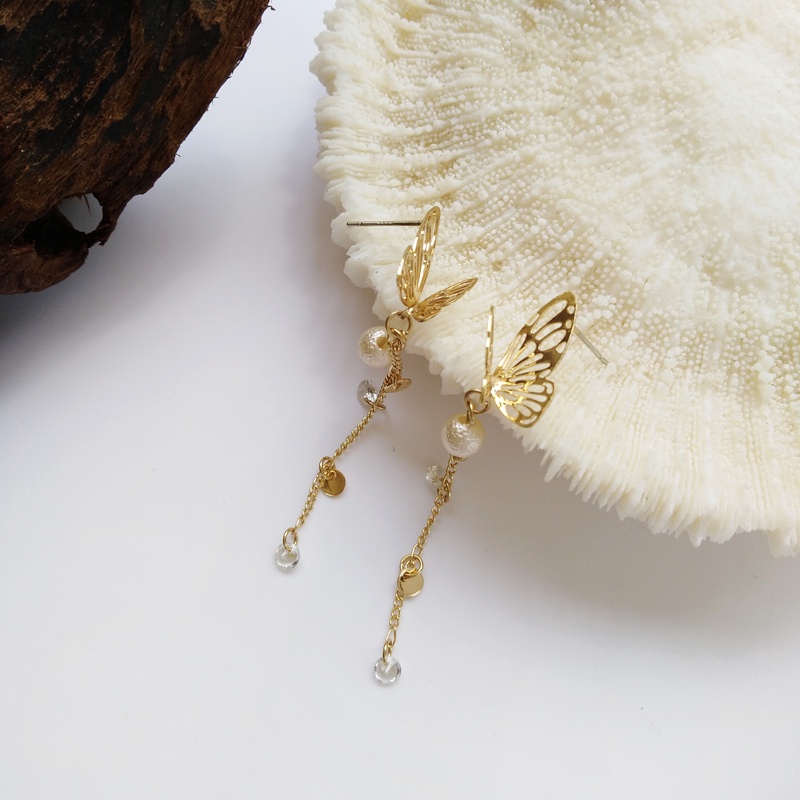 Bông Tai Bạc Dáng Dài Hình Bướm Ba Chiều Đính Ngọc Trai Pha Lê Siêu Nữ Tính JP5