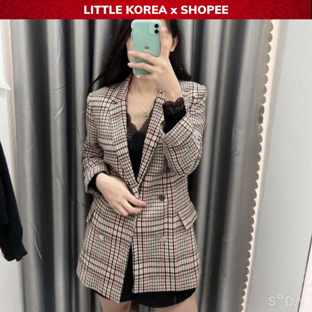 Áo Khoác Dạ Nữ, Áo Blazer Nữ 2 Lớp Dáng Dài Kẻ Caro STRA Xuất Dư - LITTLE KOREA