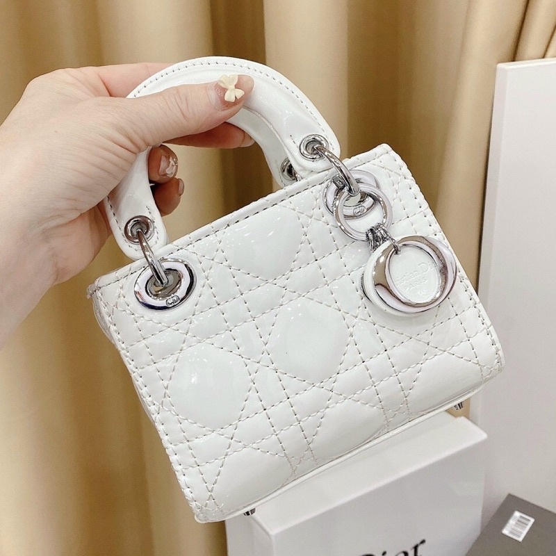 D I O R Lady Tag Bạc Mini Full Box Size 14 Siêu Xinh